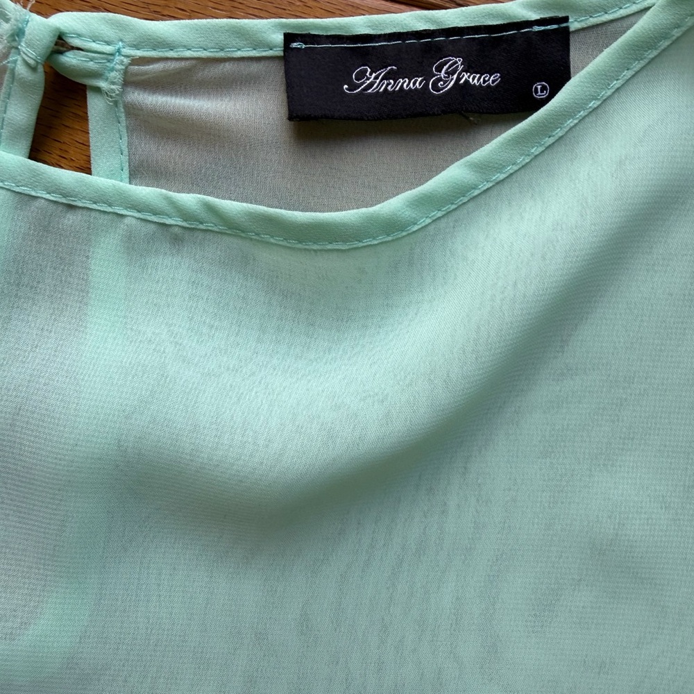 Anna Grace Mint Green Sheer Blouse with Layered Hem - Size L - Picture 3 of 4